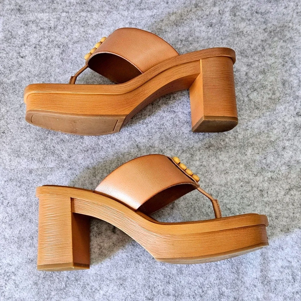 Lucky Brand Womens Tan Leather Beaded Thong Platform Block Heel Sandals Size 9M - Picture 5 of 10